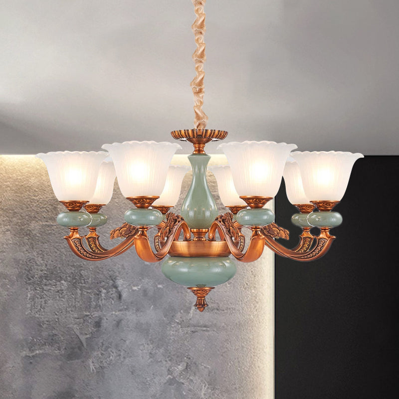 Vintage Style Floral Shaped Pendant Chandelier 6/8-Bulb Cream Glass Suspension Lighting in Brown Clearhalo 'Ceiling Lights' 'Chandeliers' Lighting' options 1220752