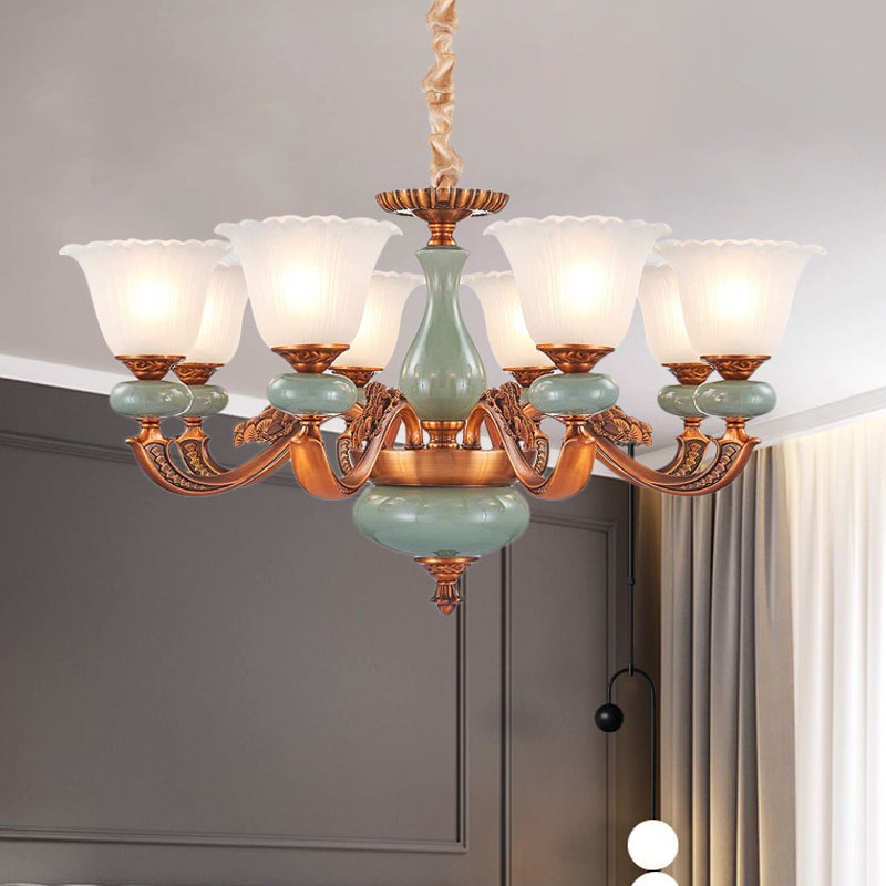 Vintage Style Floral Shaped Pendant Chandelier 6/8-Bulb Cream Glass Suspension Lighting in Brown Clearhalo 'Ceiling Lights' 'Chandeliers' Lighting' options 1220753