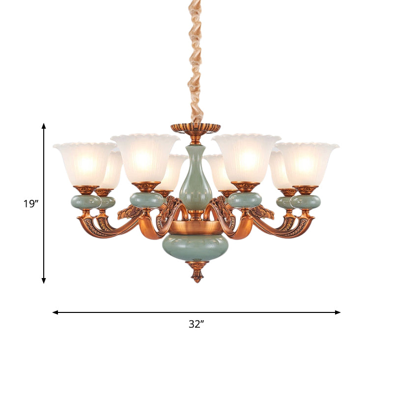 Vintage Style Floral Shaped Pendant Chandelier 6/8-Bulb Cream Glass Suspension Lighting in Brown Clearhalo 'Ceiling Lights' 'Chandeliers' Lighting' options 1220755