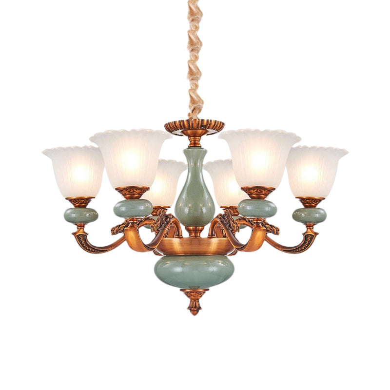 Vintage Style Floral Shaped Pendant Chandelier 6/8-Bulb Cream Glass Suspension Lighting in Brown Clearhalo 'Ceiling Lights' 'Chandeliers' Lighting' options 1220758