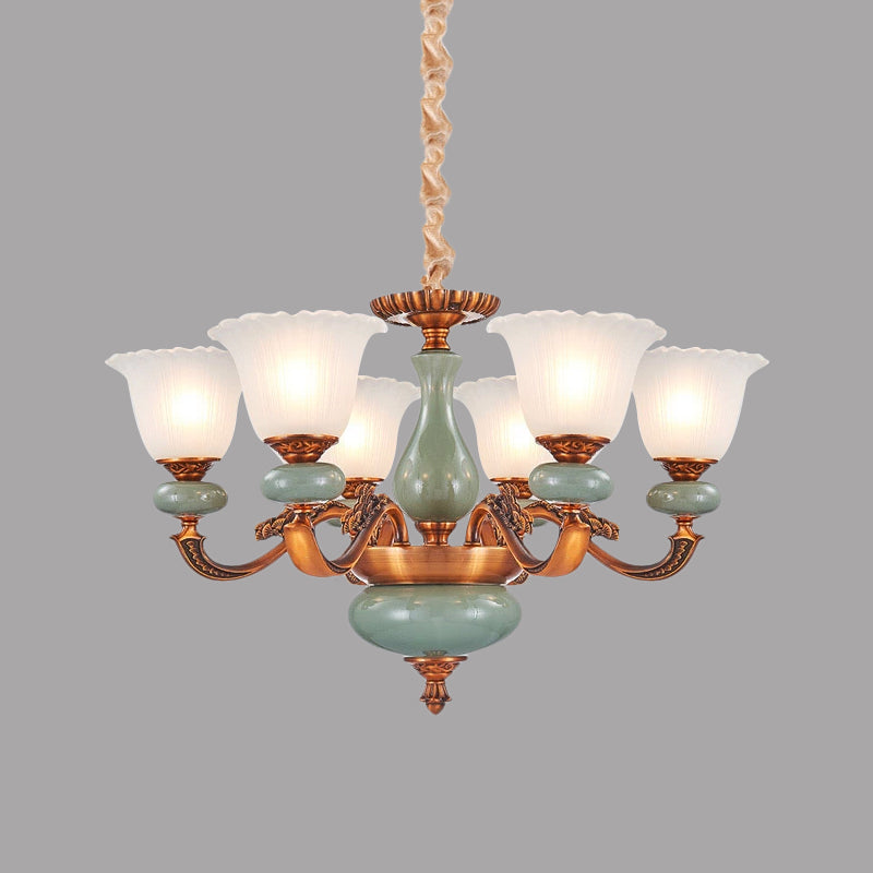 Vintage Style Floral Shaped Pendant Chandelier 6/8-Bulb Cream Glass Suspension Lighting in Brown Clearhalo 'Ceiling Lights' 'Chandeliers' Lighting' options 1220759