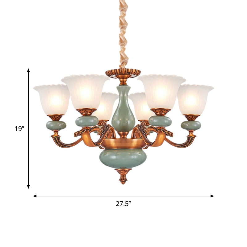 Vintage Style Floral Shaped Pendant Chandelier 6/8-Bulb Cream Glass Suspension Lighting in Brown Clearhalo 'Ceiling Lights' 'Chandeliers' Lighting' options 1220760