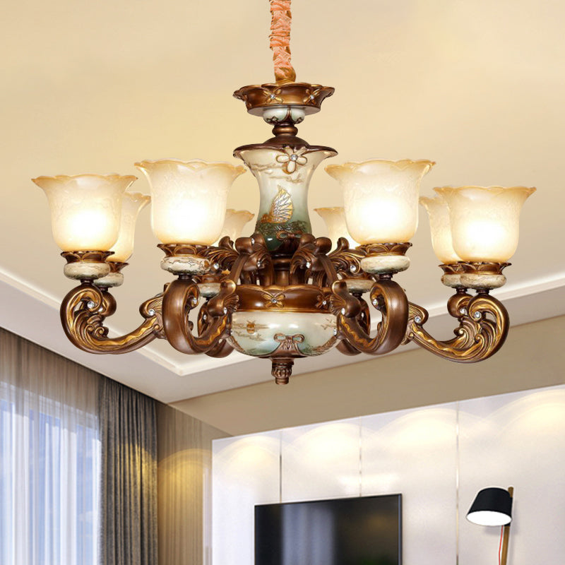 Traditional Floral Shade Chandelier Light 6/8 Lights Cream Glass Suspended Lighting Fixture in Brown Clearhalo 'Ceiling Lights' 'Chandeliers' Lighting' options 1220819