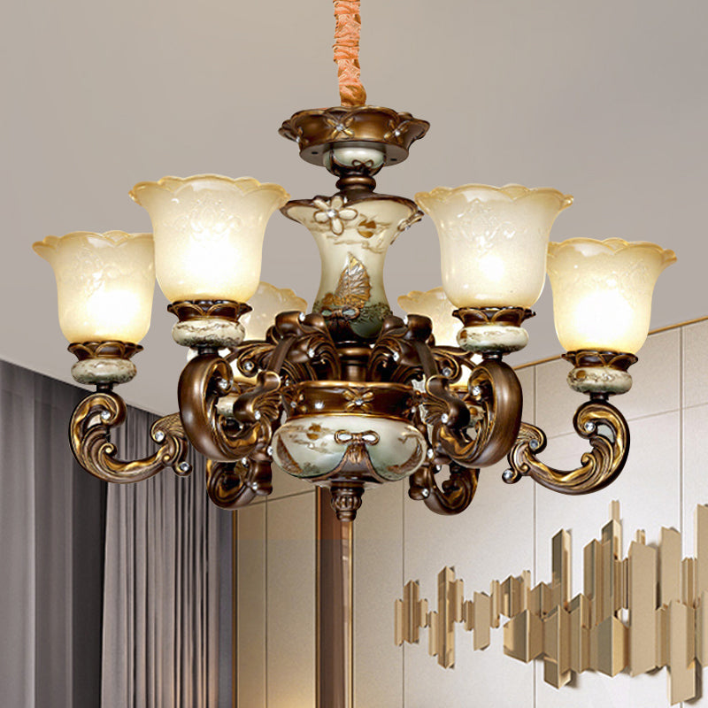 Traditional Floral Shade Chandelier Light 6/8 Lights Cream Glass Suspended Lighting Fixture in Brown Clearhalo 'Ceiling Lights' 'Chandeliers' Lighting' options 1220824