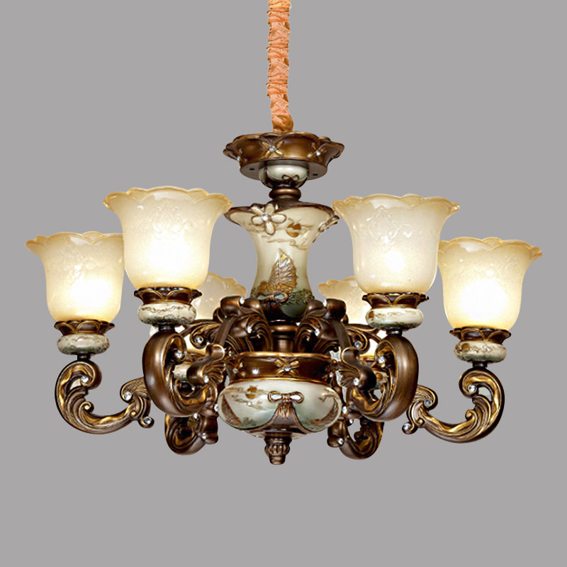 Traditional Floral Shade Chandelier Light 6/8 Lights Cream Glass Suspended Lighting Fixture in Brown Clearhalo 'Ceiling Lights' 'Chandeliers' Lighting' options 1220826