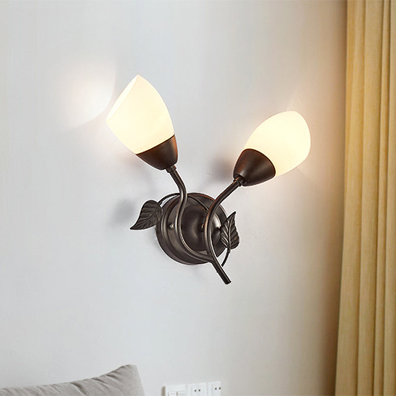 Flaring Shaped Bedside Sconce Light Fixture Vintage Faceted Glass 2-Bulb Black Wall Mount Light Clearhalo 'Wall Lamps & Sconces' 'Wall Lights' Lighting' 1221124