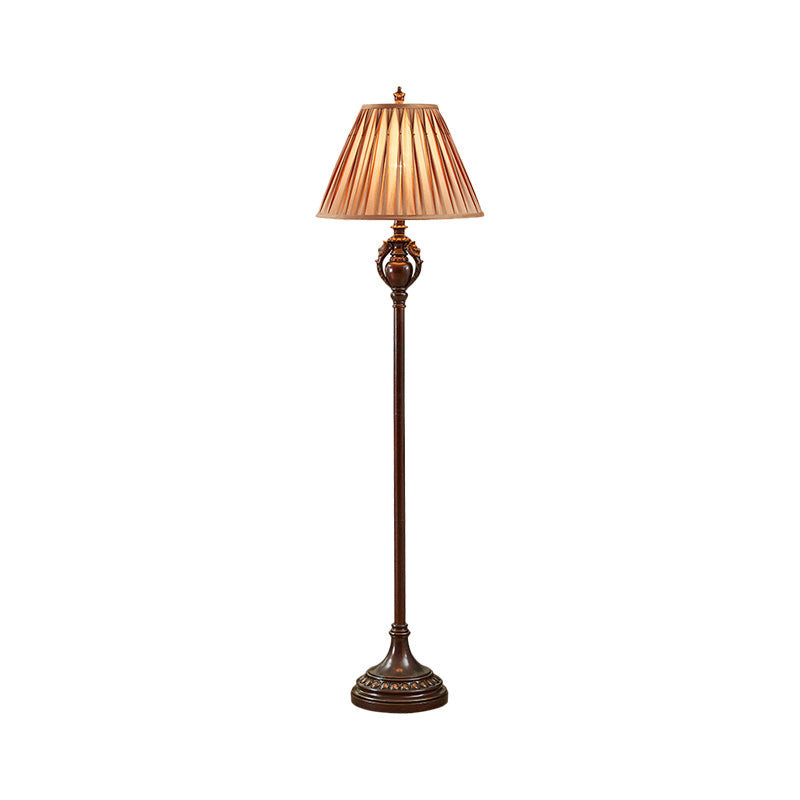 Brown Pleated Tapered Shade Floor Light Retro Fabric 1-Bulb Living Room Floor Reading Lamp Clearhalo 'Floor Lamps' 'Lamps' Lighting' 1221273