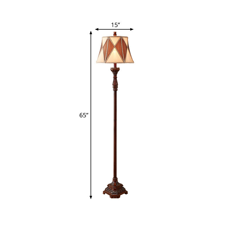 Red Brown 1 Bulb Floor Light Antiqued Style Fabric Flared Shade Floor Standing Lamp with Harlequin Design Clearhalo 'Floor Lamps' 'Lamps' Lighting' 1221286