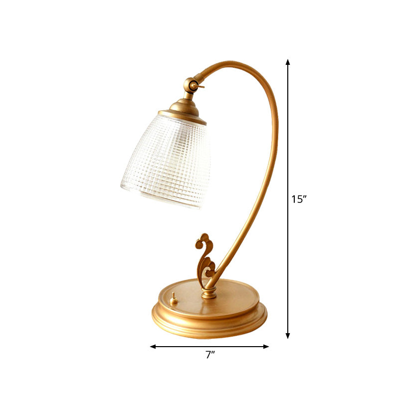 Gold 1 Bulb Desk Light Vintage Metal Swooping Arm Night Table Lamp with Flared Clear Glass Shade Clearhalo 'Lamps' 'Table Lamps' Lighting' 1221350