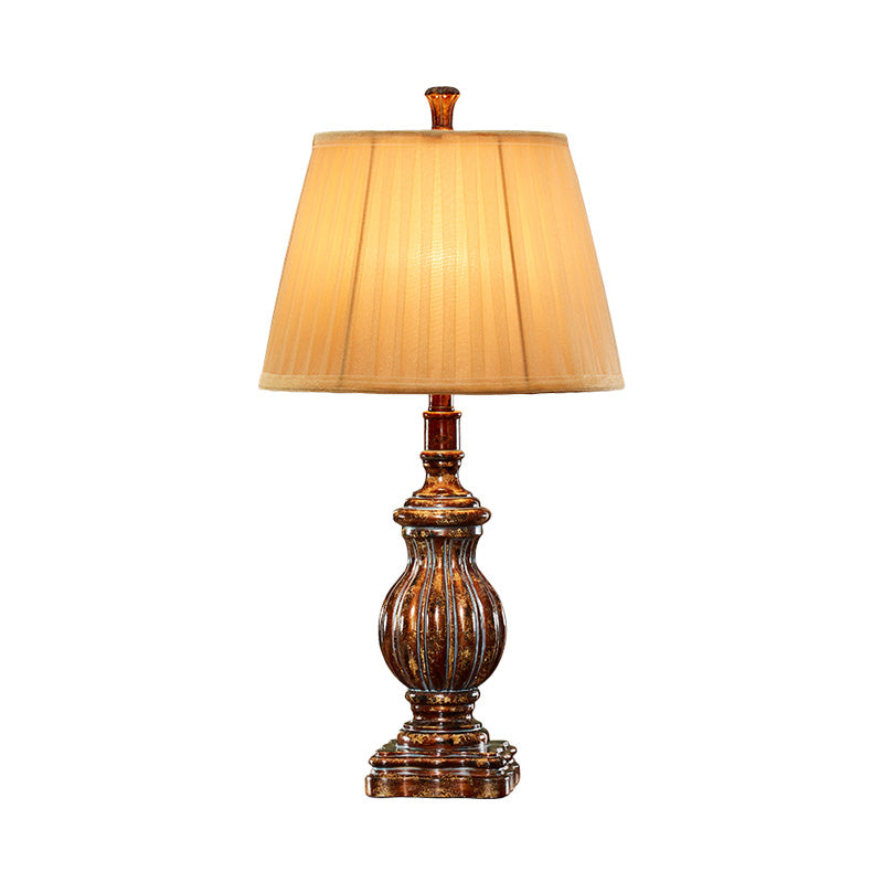 Antique Style Empire Shade Desk Light 1 Bulb Fabric Night Table Lamp in Brown with Resin Base Clearhalo 'Lamps' 'Table Lamps' Lighting' 1221484