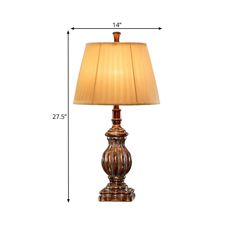 Antique Style Empire Shade Desk Light 1 Bulb Fabric Night Table Lamp in Brown with Resin Base Clearhalo 'Lamps' 'Table Lamps' Lighting' 1221485