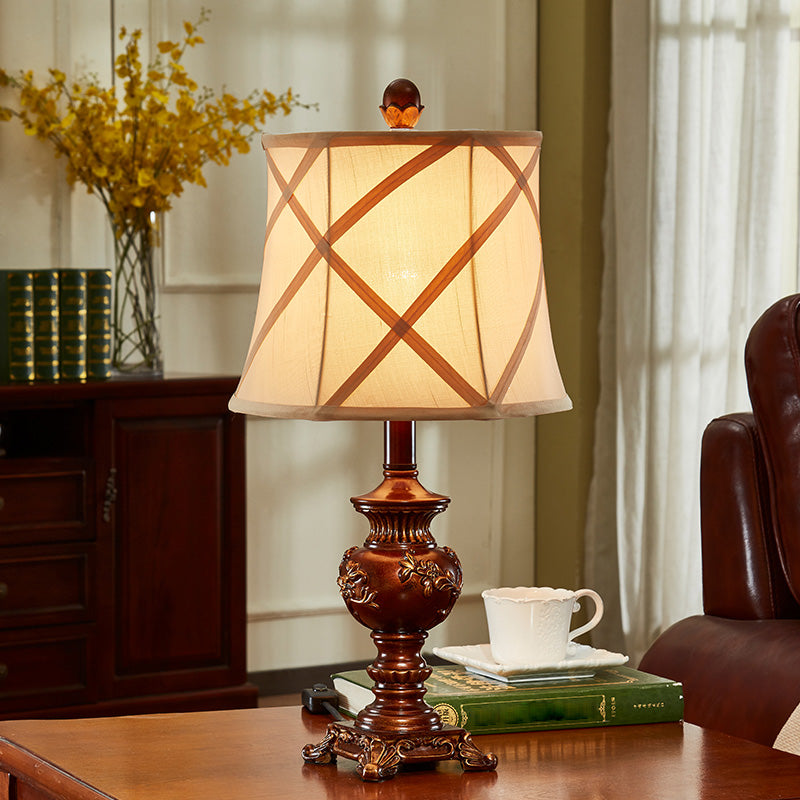 Brown Urn Base Desk Light Vintage Style Resin 1 Head Table Lamp with Fabric Shade Brown Clearhalo 'Lamps' 'Table Lamps' Lighting' 1221498