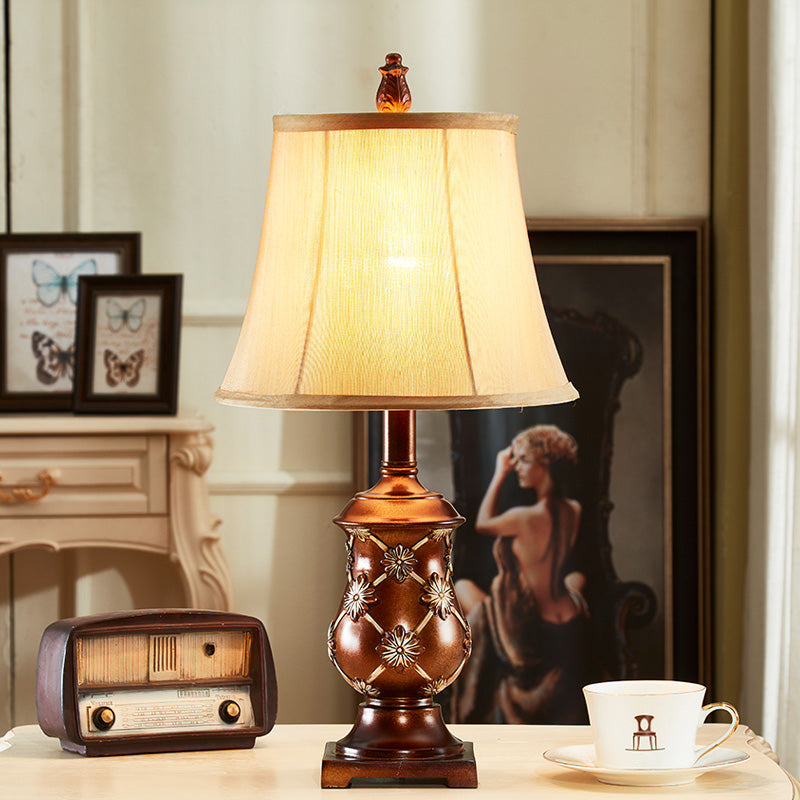 Fabric Bell Shade Night Stand Lamp Traditional Style 1-Bulb Desk Light in Brown with Urn Base Brown Clearhalo 'Lamps' 'Table Lamps' Lighting' 1221502