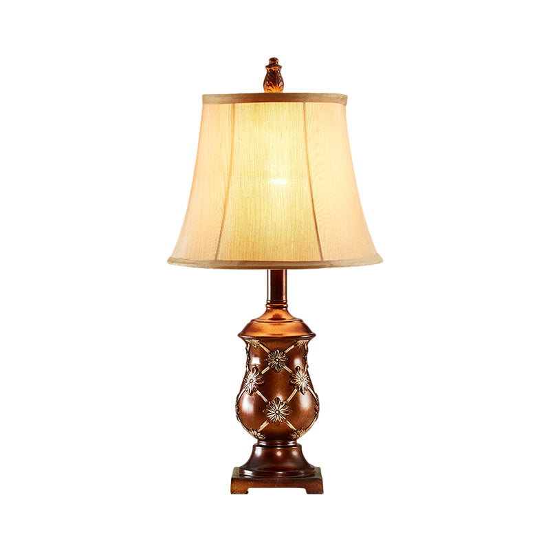 Fabric Bell Shade Night Stand Lamp Traditional Style 1-Bulb Desk Light in Brown with Urn Base Clearhalo 'Lamps' 'Table Lamps' Lighting' 1221504