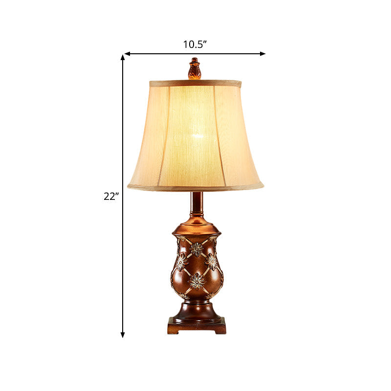 Fabric Bell Shade Night Stand Lamp Traditional Style 1-Bulb Desk Light in Brown with Urn Base Clearhalo 'Lamps' 'Table Lamps' Lighting' 1221505