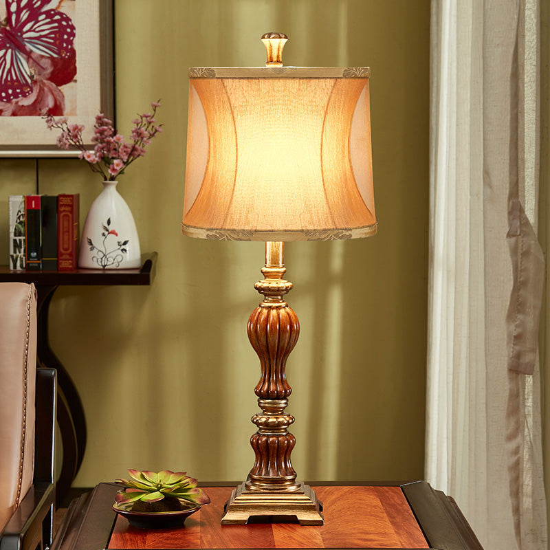 Drum Design Living Room Night Table Lamp Retro Style Fabric 1-Bulb Brown Desk Light with Square Pedestal Brown Clearhalo 'Lamps' 'Table Lamps' Lighting' 1221530