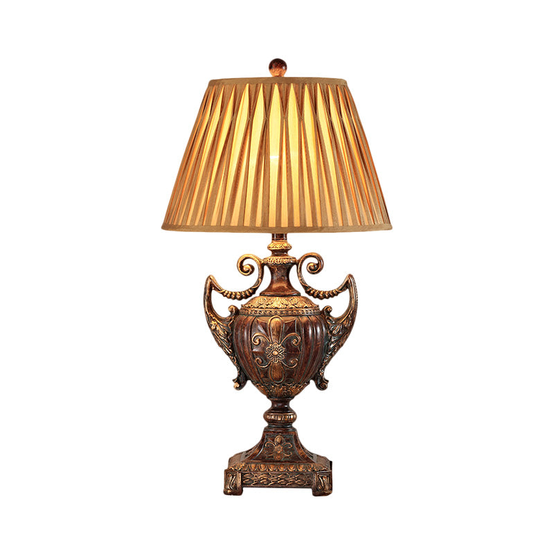 Pleated Conical Shade Fabric Table Lamp Traditional 1 Bulb Living Room Desk Light in Brown with Font Base Clearhalo 'Lamps' 'Table Lamps' Lighting' 1221567
