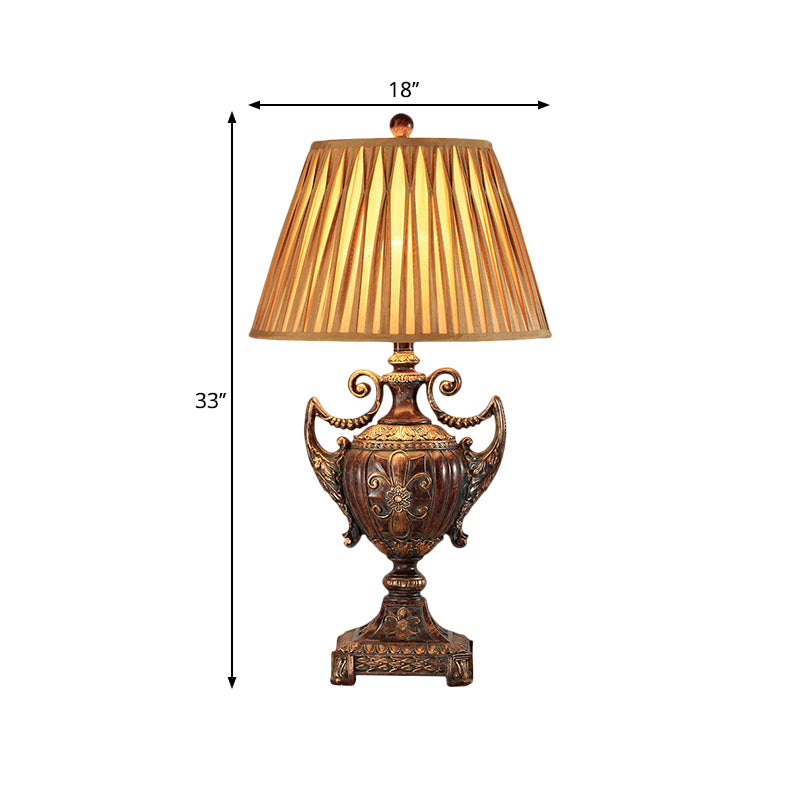 Pleated Conical Shade Fabric Table Lamp Traditional 1 Bulb Living Room Desk Light in Brown with Font Base Clearhalo 'Lamps' 'Table Lamps' Lighting' 1221568