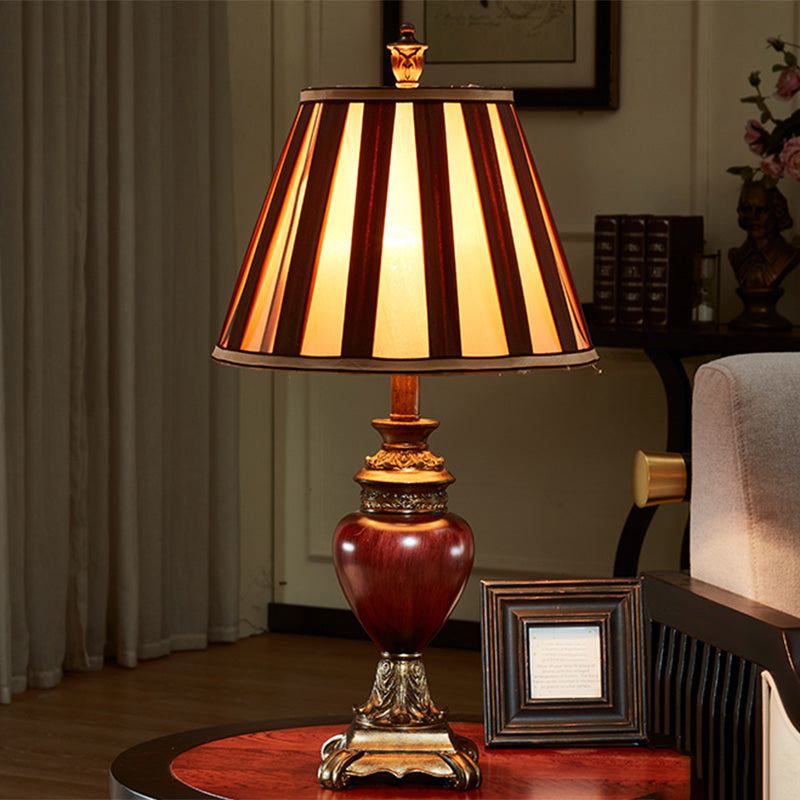 Red Brown Tapered Design Night Table Lamp Vintage Style Fabric 1-Head Guest Room Desk Light Red Brown Clearhalo 'Lamps' 'Table Lamps' Lighting' 1221580