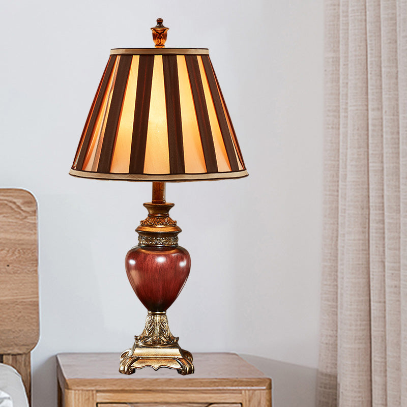 Red Brown Tapered Design Night Table Lamp Vintage Style Fabric 1-Head Guest Room Desk Light Clearhalo 'Lamps' 'Table Lamps' Lighting' 1221581