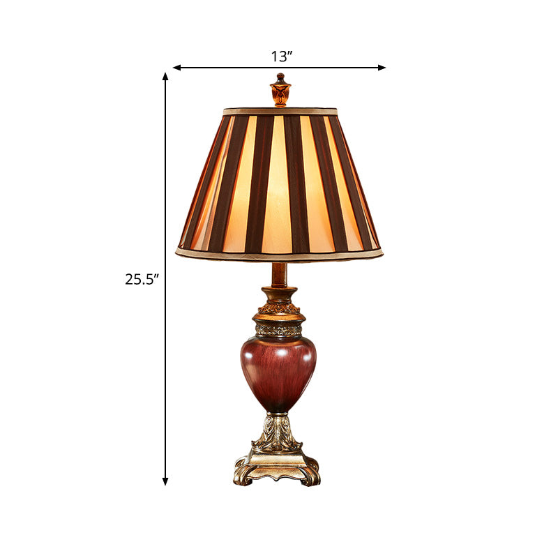 Red Brown Tapered Design Night Table Lamp Vintage Style Fabric 1-Head Guest Room Desk Light Clearhalo 'Lamps' 'Table Lamps' Lighting' 1221583