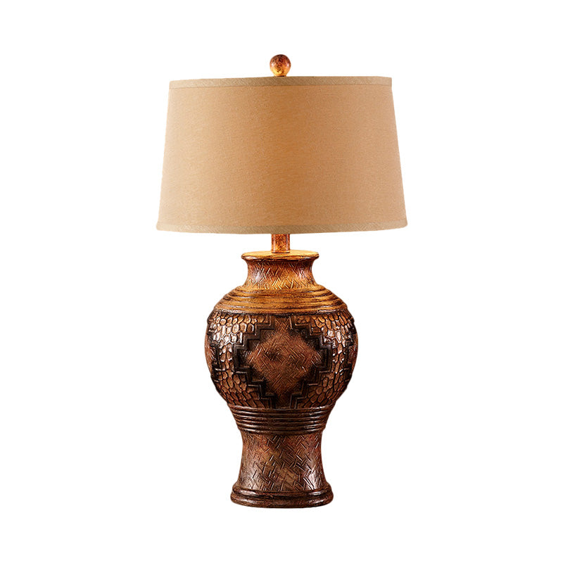 Brown Barrel Shade Desk Light Retro Style Fabric 1-Head Table Lamp with Vase-Shaped Base Clearhalo 'Lamps' 'Table Lamps' Lighting' 1221601