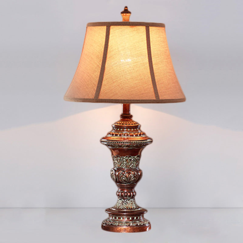 Vintage Style Bell Shade Nightstand Lamp 1 Bulb Fabric Desk Light in Red Brown with Urn-Shaped Base, 25