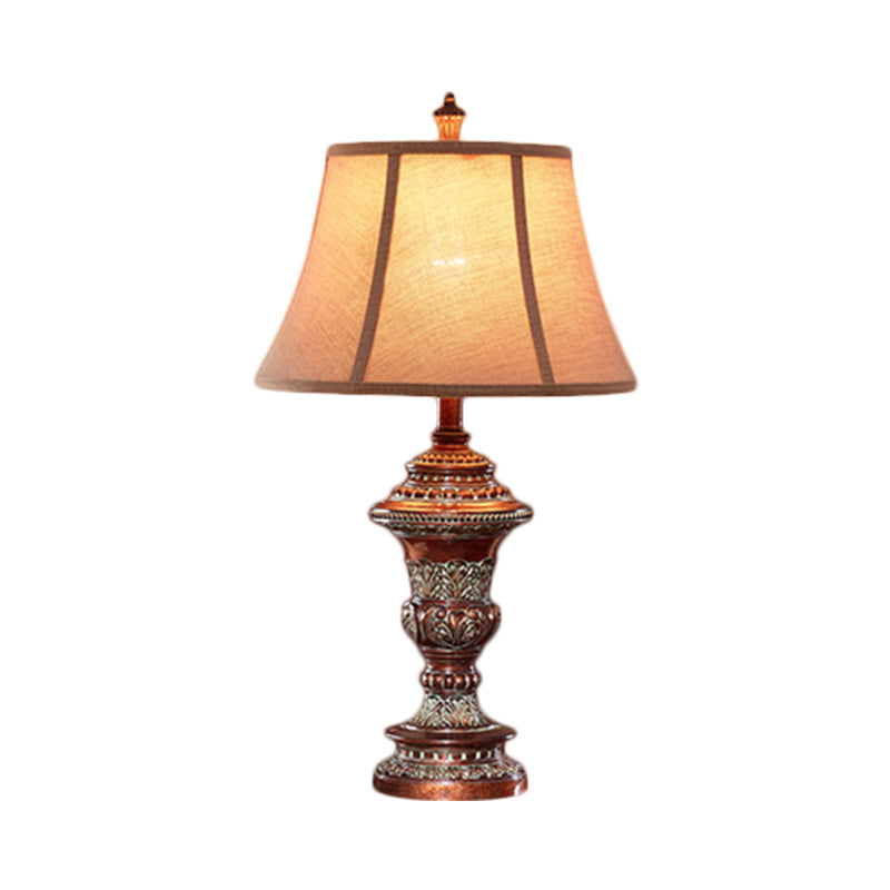 Vintage Style Bell Shade Nightstand Lamp 1 Bulb Fabric Desk Light in Red Brown with Urn-Shaped Base, 25