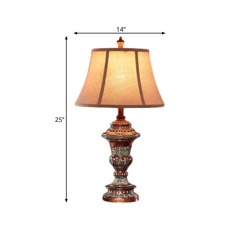 Vintage Style Bell Shade Nightstand Lamp 1 Bulb Fabric Desk Light in Red Brown with Urn-Shaped Base, 25