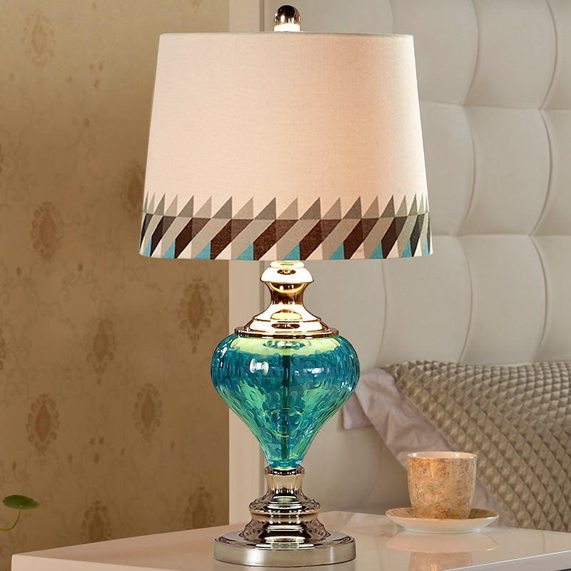 Retro Style Font Design Nightstand Lamp Blue Glass 1 Light Bedside Table Light with Fabric Shade Blue Clearhalo 'Lamps' 'Table Lamps' Lighting' 1222132