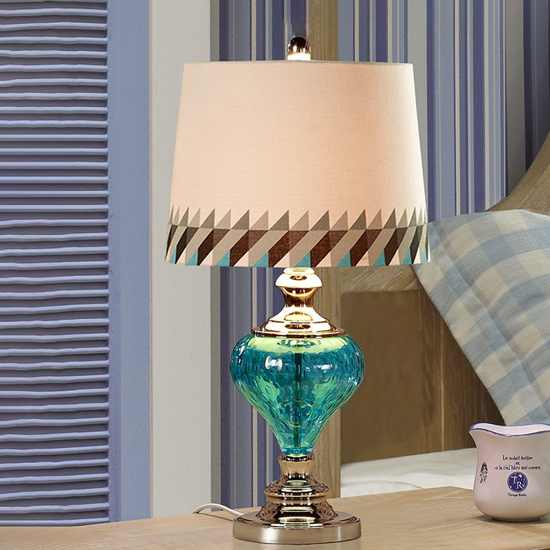 Retro Style Font Design Nightstand Lamp Blue Glass 1 Light Bedside Table Light with Fabric Shade Clearhalo 'Lamps' 'Table Lamps' Lighting' 1222133