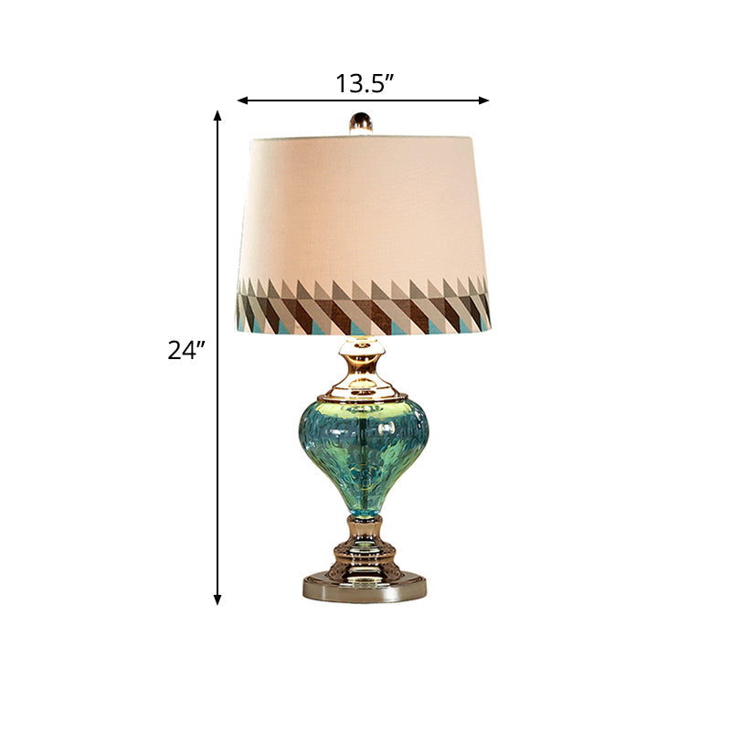 Retro Style Font Design Nightstand Lamp Blue Glass 1 Light Bedside Table Light with Fabric Shade Clearhalo 'Lamps' 'Table Lamps' Lighting' 1222135