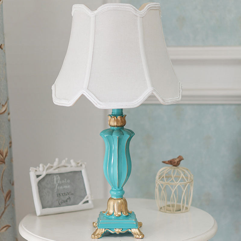 White/Blue Flared Shade Night Table Lamp Traditional Style Fabric 1-Head Bedroom Desk Light White Clearhalo 'Lamps' 'Table Lamps' Lighting' 1222249