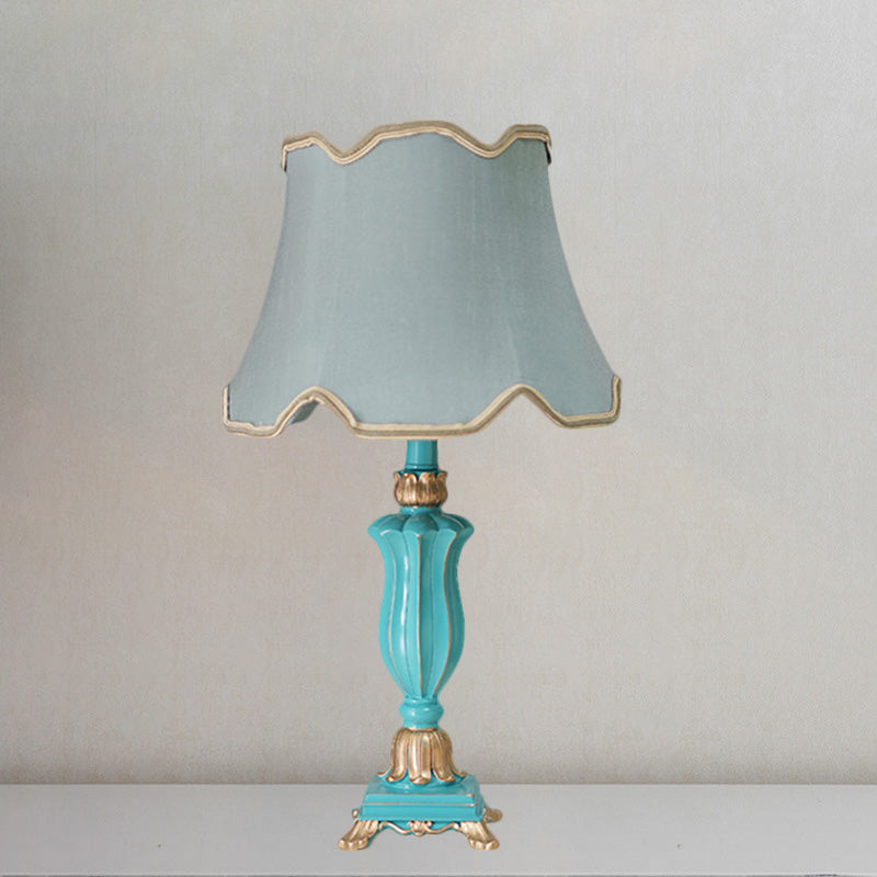 White/Blue Flared Shade Night Table Lamp Traditional Style Fabric 1-Head Bedroom Desk Light Blue Clearhalo 'Lamps' 'Table Lamps' Lighting' 1222253
