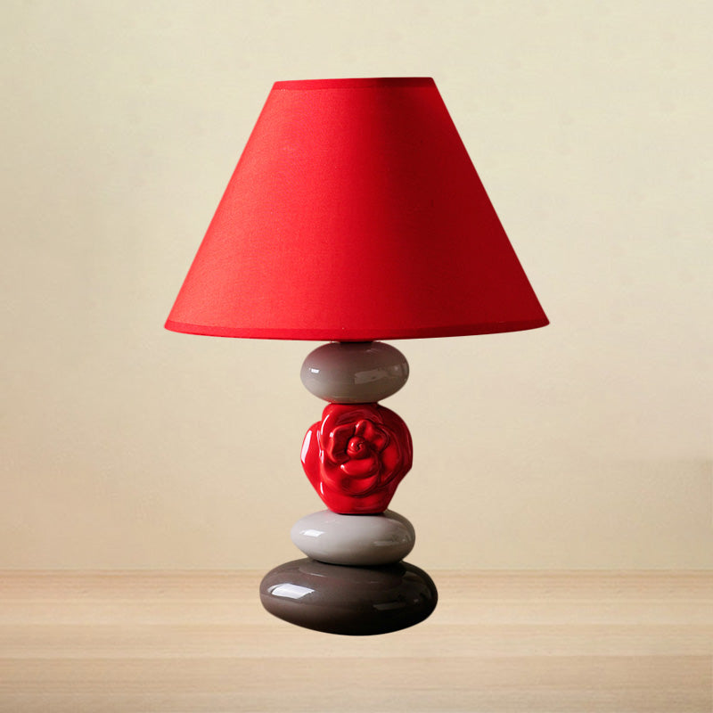 1 Bulb Table Lamp with Cone Shade Fabric Vintage Style Guest Room Ceramics Desk Light in Red Red Clearhalo 'Lamps' 'Table Lamps' Lighting' 1222294