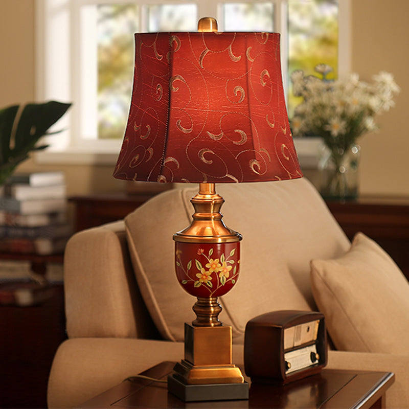 Fabric Red Nightstand Lamp Empire Shade 1 Bulb Countryside Style Table Light for Bedroom Clearhalo 'Lamps' 'Table Lamps' Lighting' 1222384