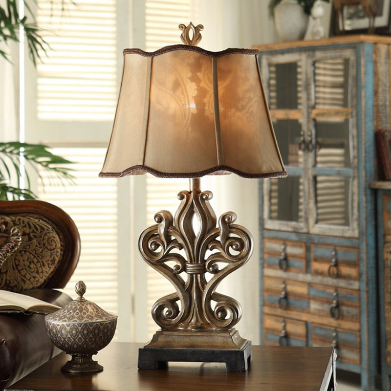 Ruffle-Edged Shade Table Lamp Rustic Style 1 Bulb Guest Room Night Stand Lamp in Brown with Square Pedestal Brown Clearhalo 'Lamps' 'Table Lamps' Lighting' 1222739