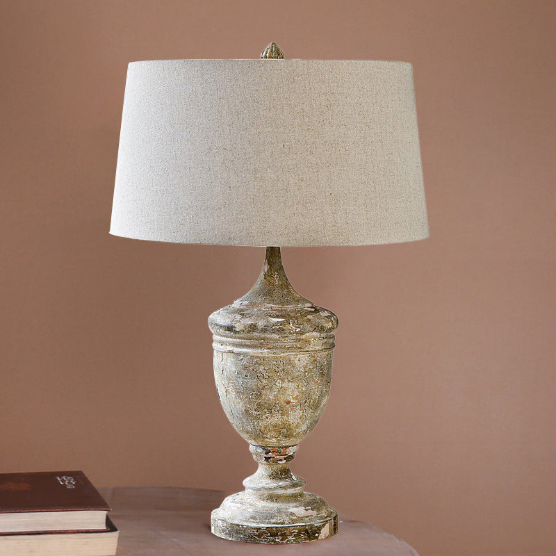 Distressed White 1 Light Desk Light Retro Style Fabric Barrel Shade Nightstand Lamp with Urn Base Distressed White Clearhalo 'Lamps' 'Table Lamps' Lighting' 1222772