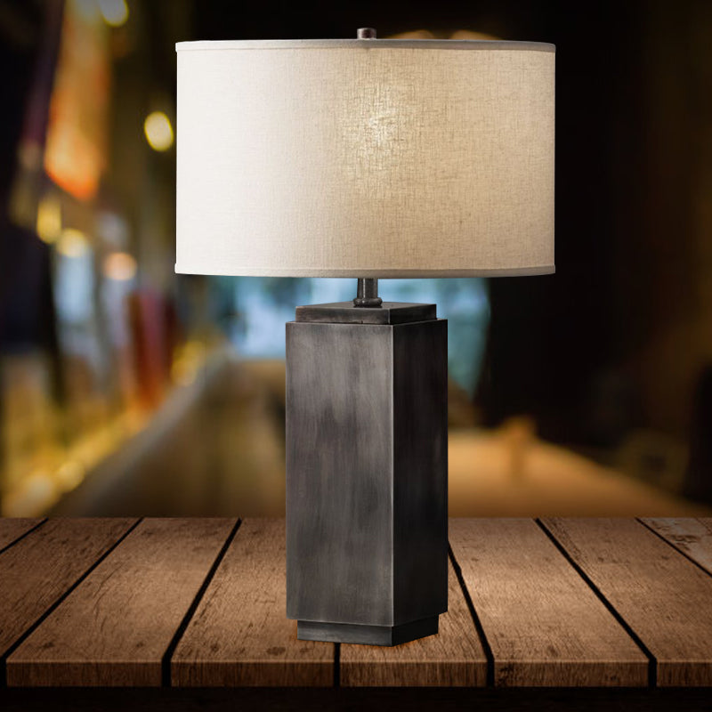 1-Light Wood Night Table Lamp Vintage Grey/Brown Cuboid Shaped Base Living Room Desk Light with Drum Fabric Shade Grey Clearhalo 'Lamps' 'Table Lamps' Lighting' 1222820