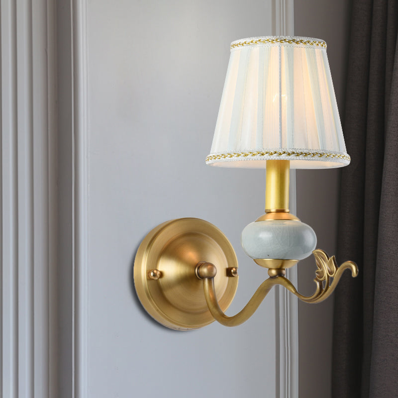 Brass 1/2-Bulb Wall Sconce Traditional Style Metal Curved Arm Wall Lamp with Fabric Shade Clearhalo 'Wall Lamps & Sconces' 'Wall Lights' Lighting' 1223111