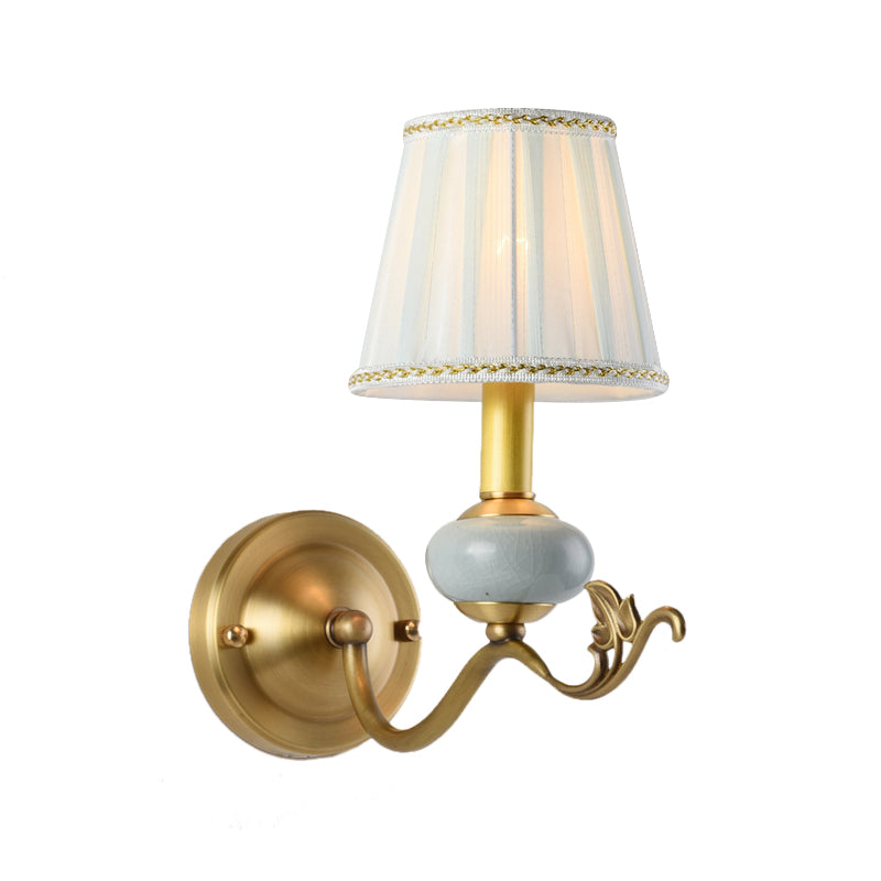 Brass 1/2-Bulb Wall Sconce Traditional Style Metal Curved Arm Wall Lamp with Fabric Shade Clearhalo 'Wall Lamps & Sconces' 'Wall Lights' Lighting' 1223112