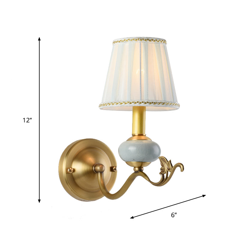 Brass 1/2-Bulb Wall Sconce Traditional Style Metal Curved Arm Wall Lamp with Fabric Shade Clearhalo 'Wall Lamps & Sconces' 'Wall Lights' Lighting' 1223113