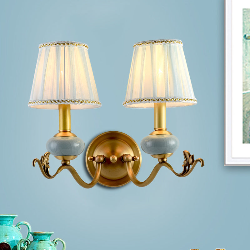 Brass 1/2-Bulb Wall Sconce Traditional Style Metal Curved Arm Wall Lamp with Fabric Shade Clearhalo 'Wall Lamps & Sconces' 'Wall Lights' Lighting' 1223116