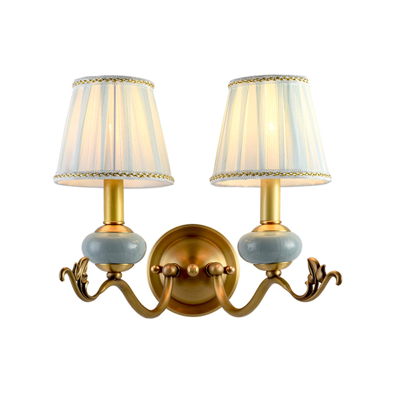 Brass 1/2-Bulb Wall Sconce Traditional Style Metal Curved Arm Wall Lamp with Fabric Shade Clearhalo 'Wall Lamps & Sconces' 'Wall Lights' Lighting' 1223117