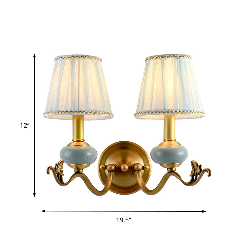 Brass 1/2-Bulb Wall Sconce Traditional Style Metal Curved Arm Wall Lamp with Fabric Shade Clearhalo 'Wall Lamps & Sconces' 'Wall Lights' Lighting' 1223118