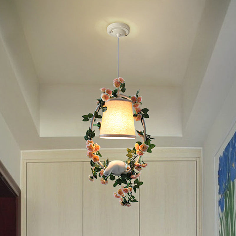 White Conic Shade Pendulum Light Countryside Fabric 1 Light Corridor Suspension Lamp with Floral Hoop and Bird Design Clearhalo 'Ceiling Lights' 'Pendant Lights' 'Pendants' Lighting' 1223304