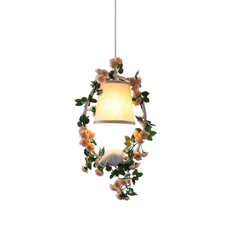 White Conic Shade Pendulum Light Countryside Fabric 1 Light Corridor Suspension Lamp with Floral Hoop and Bird Design Clearhalo 'Ceiling Lights' 'Pendant Lights' 'Pendants' Lighting' 1223306