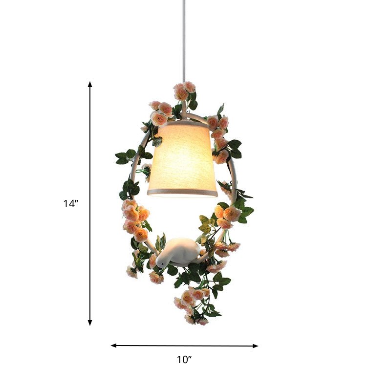White Conic Shade Pendulum Light Countryside Fabric 1 Light Corridor Suspension Lamp with Floral Hoop and Bird Design Clearhalo 'Ceiling Lights' 'Pendant Lights' 'Pendants' Lighting' 1223307