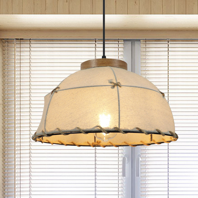 Flaxen 1-Bulb Drop Pendant Retro Style Fabric Dome Shade Ceiling Light for Restaurant, 14