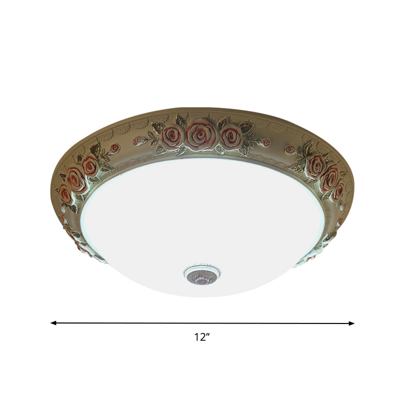 White Glass Flush-Mount Light Fixture Domed Design LED Vintage Ceiling Lighting with Floral Accent, 12